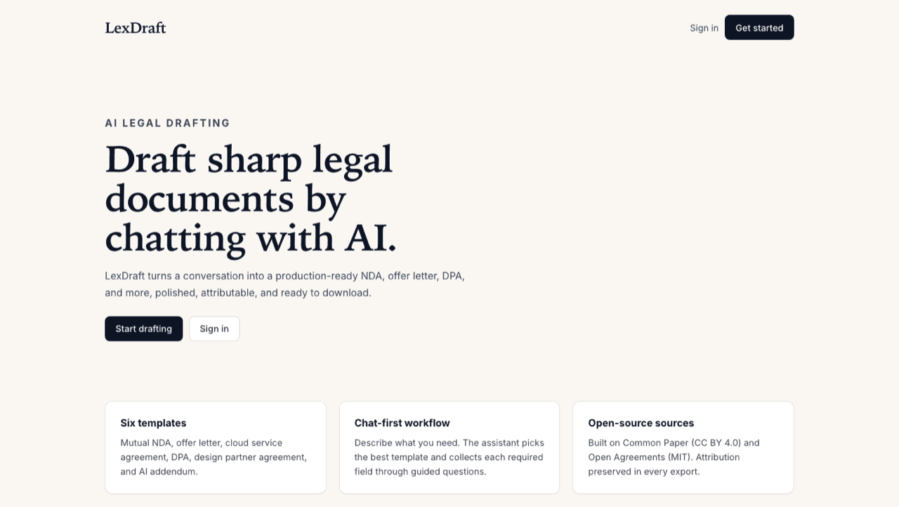 LexDraft landing screen: chat-first legal drafting with six document templates.