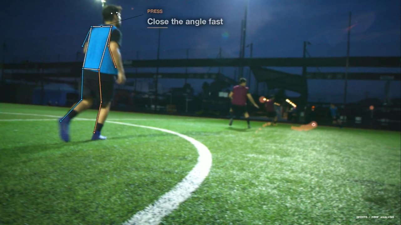 Sports analytics output: a tracked player with a pose skeleton overlaid on match footage, annotated with a coaching cue.