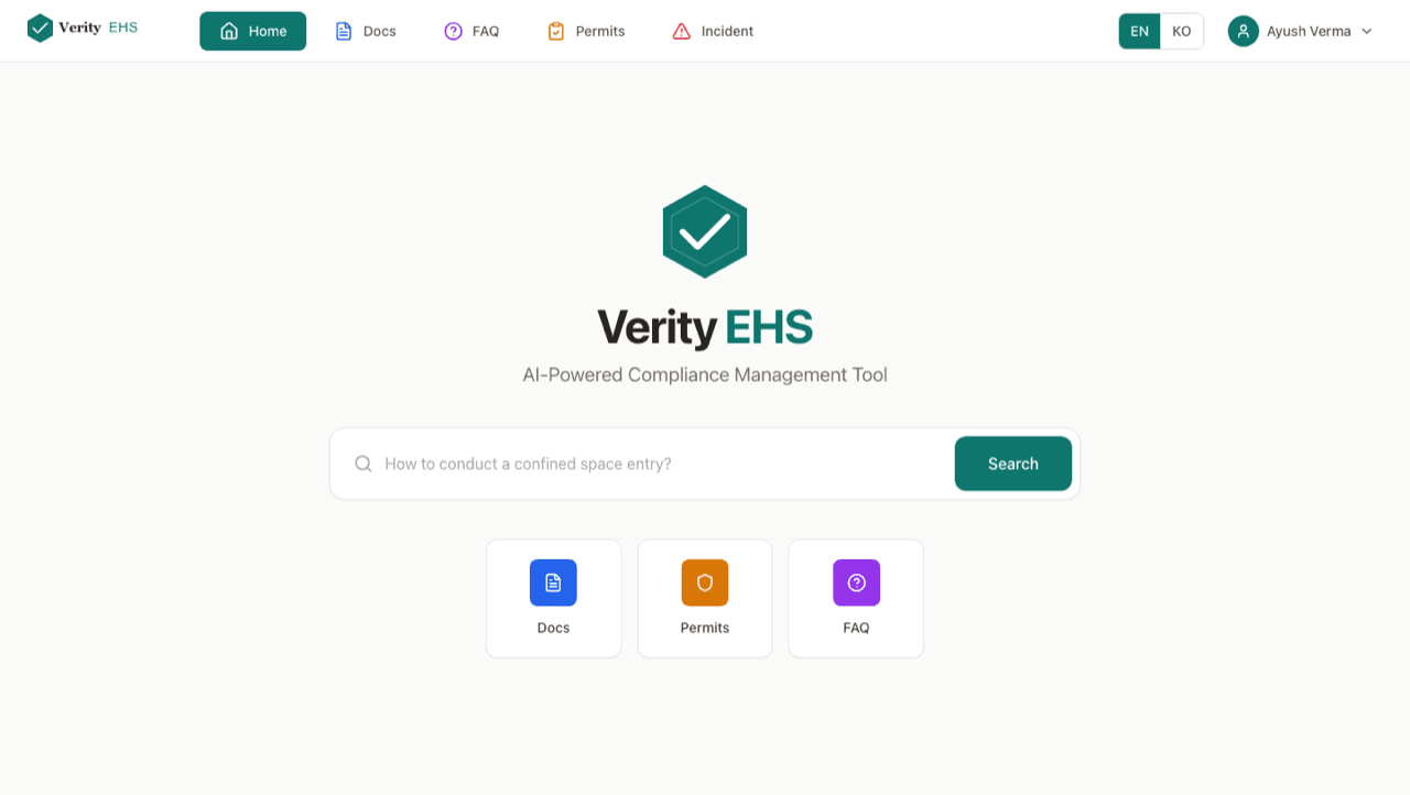 Verity EHS home screen: a regulation search bar with shortcuts to documents, permits and FAQ.